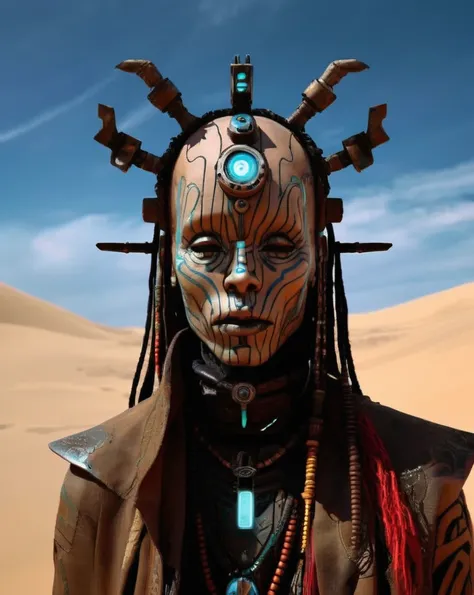 echoes , high quality photo of a mistic shaman cyberpunk in a dune's scene,  portrait of a futuristic shaman voodoo master cybor...