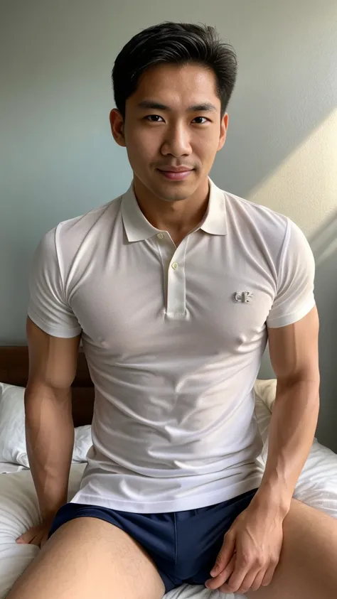 Thai man ,man，He is about 30 years old.，Rough and handsome appearance，Big muscleuscleหน้าอกขนาดใหญ่，(white polo shirt park:1.3)，Big waistline，chest hair，sitting on the roadside，Wearing the tongs，buzz cut, angry, sullen, best quality, Masterpiece，(outdoor b...