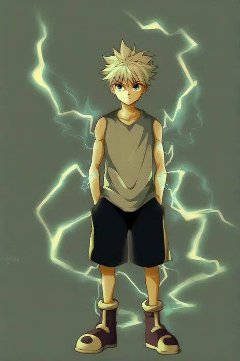 killua_zoldyck, 1boy, solo, looking at viewer, blue eyes, simple background, shirt, closed mouth, standing, full body, white hai...