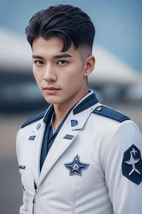 A young korean boy, (detailed air-force pilot uniform:1.5), (white pilot captain jacket:1.3), (white military pants ), full body shoot, detailed clothes, ( air force base runway view background:1.3), looking at viewer, facing the viewer, cinematic light, d...