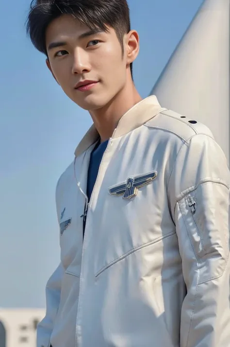 A young korean boy, (detailed air-force pilot uniform:1.5), (white pilot captain jacket:1.3), (white military pants ), full body shoot, detailed clothes, ( air force base runway view background:1.3), looking at viewer, facing the viewer, cinematic light, d...