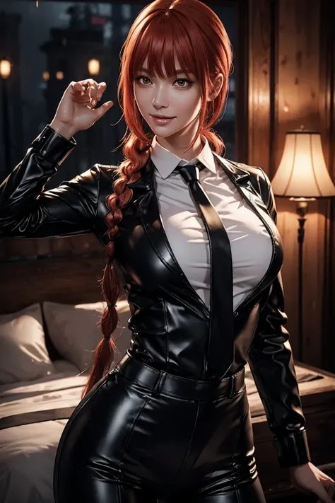 Chainsaw Man,Makima,With bangs,Red Hair,Braids at the back,Golden Eyes,White long sleeve shirt,Black tie,Black Leather Pants,Ultra HD,super high quality,masterpiece,Digital SLR,Photorealistic,Detailed details,Vivid details,Depicted in detail,A detailed fac...