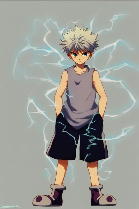 killua_zoldyck, 1boy, solo, looking at viewer, blue eyes, simple background, shirt, closed mouth, standing, full body, white hai...