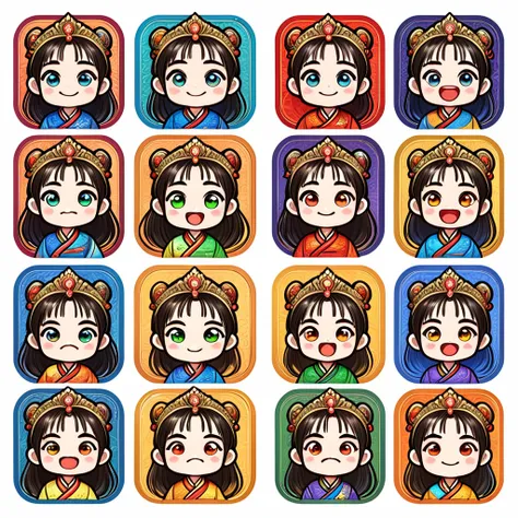 Simplified cartoon emoticon pack, 1 cute girl head, 9 emotions, white background, 8k resolution, cartoon style, hand-drawn illustrations, Chinese style, bright colors, rich details, WeChat emoticon pack, highlighted display (arranged neatly: 1.2, spaced se...