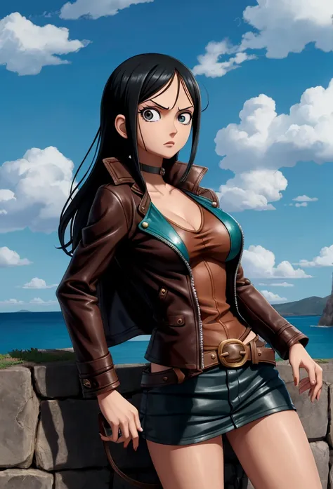 Nico Robin de One Piece, before time-skip, with a leather jacket