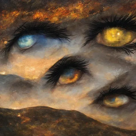 A close-up of a persons eyes. In the pupils, reflections symbolize their thoughts and emotions. In one eye, there is a sunrise over a mountainous landscape, representing hope and a new day, while in the other eye, a dark storm with lightning symbolizes anx...