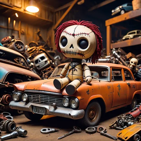 (knitted voodoo doll toy:1.5), (voodoo doll in a junkyard:1.3), (accessories: rusty car parts:1.1), (background: a vast junkyard...