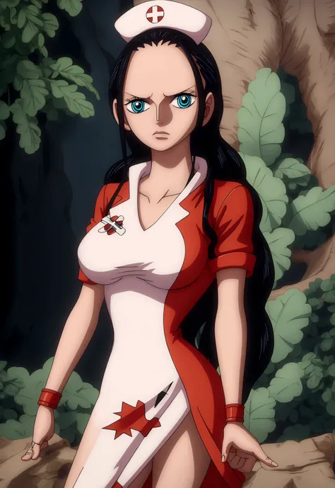 Nico Robin from the anime One Piece with a latex nurse dress, with seductive pose and look