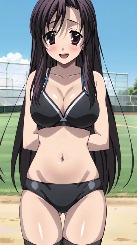 Masterpiece ,best quality , high resolution , (1 girl solo:1.38) , (Kotonoha Katsura , long hair , black hair, black eyes ,  tall, slim body) , (cleavage:1.2) , (medium breast:1.28) , (wear baseball hat , belly , navel , sport top , sport short , stockings...