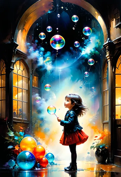 create a super high-resolution 3d image of a  inflating and playing with huge, iridescent soapy bubbles inside a cozy, well-lit ...