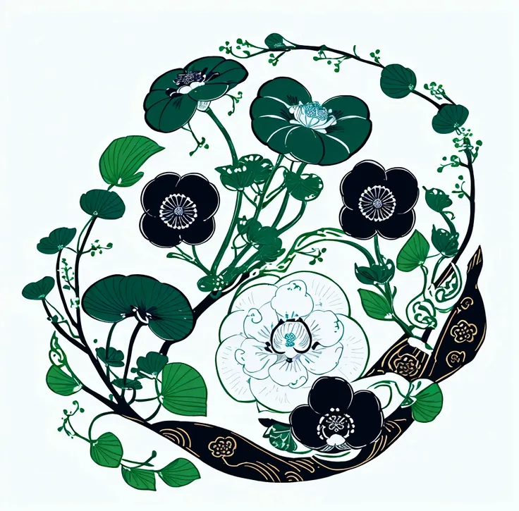 create a japanese circular seal kamon in the size of the area on a white background,an indigo-green circle with a leaf pattern i...