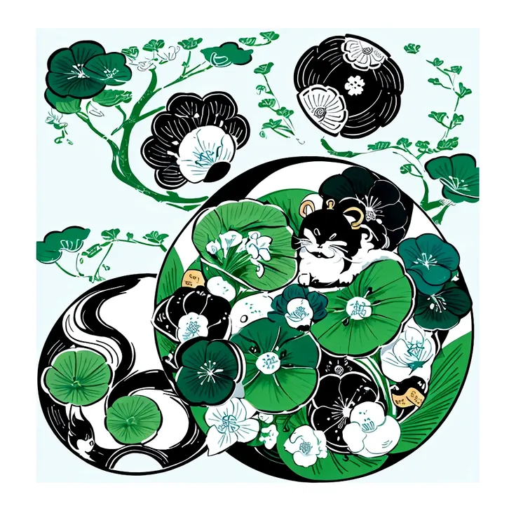 create a japanese circular seal kamon in the size of the area on a white background,an indigo-green circle with a leaf pattern i...