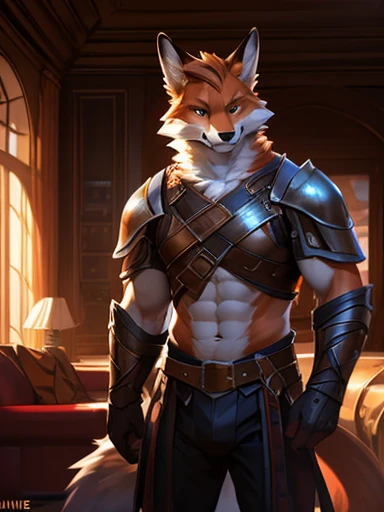 4k, ,8K, A high resolution, best quality, perfect colors, perfect shadows, perfect lighting, posted on e621, (by Chunie, by canyne khai, by t.y.starale), male, furry, fox anthro, (fox tail), solo, white fur, (Realistic eye details 1.2), adventurer, leather...