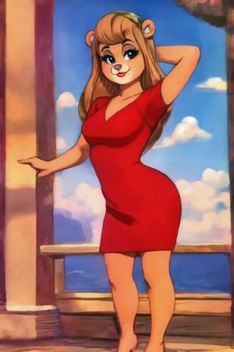 fashionable 60s young lady bear, red_dress, girlfriend, wife, cute pose