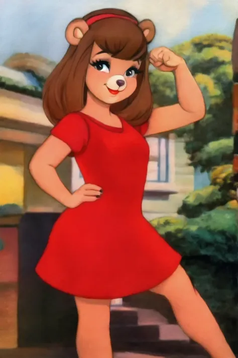 fashionable 60s young lady bear, red_dress, girlfriend, wife, cute pose