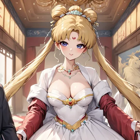 ((Highest quality)), ((masterpiece)), (detailed), （Perfect Face）、The woman is Tsukino Usagi, with long blonde hair in a chignon twin tail.、A woman is wearing a gorgeous and dazzling red ancient Hanfu wedding costume and luxurious jeweled accessories in an ...