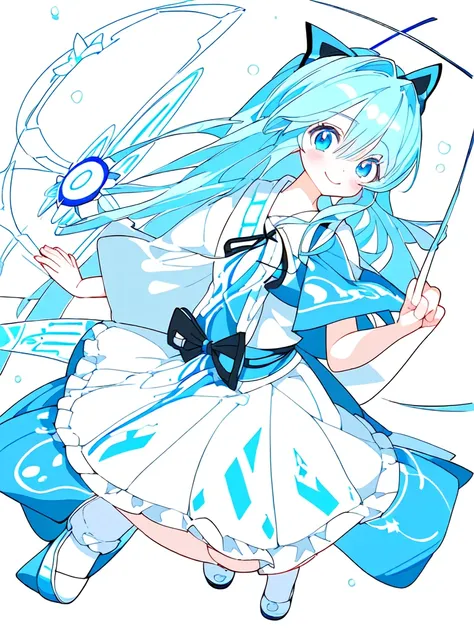 anime girl with long hair and blue eyes walking in the rain, white cyan,  in dress, paint tool sai!! blue, rem rezero, cirno tou...