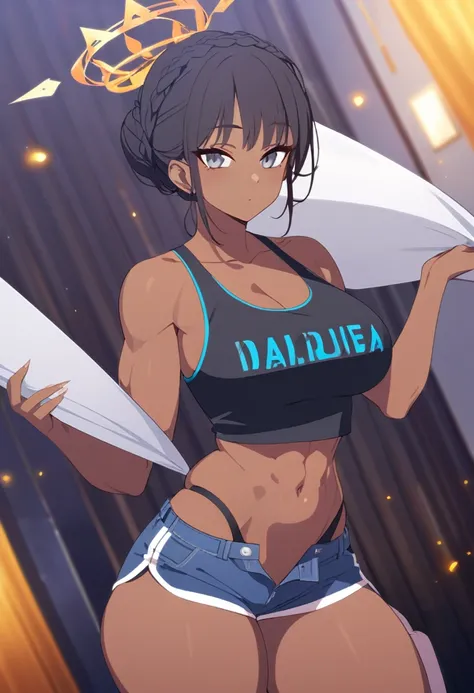 (girl,Black Hair,darkskin,Crown braid hairstyle with bun,Grey Eyes,Large Chest,Wide ass,Abdominal muscles)Tank top,Shorts、夜の街で魔術を使うgirl