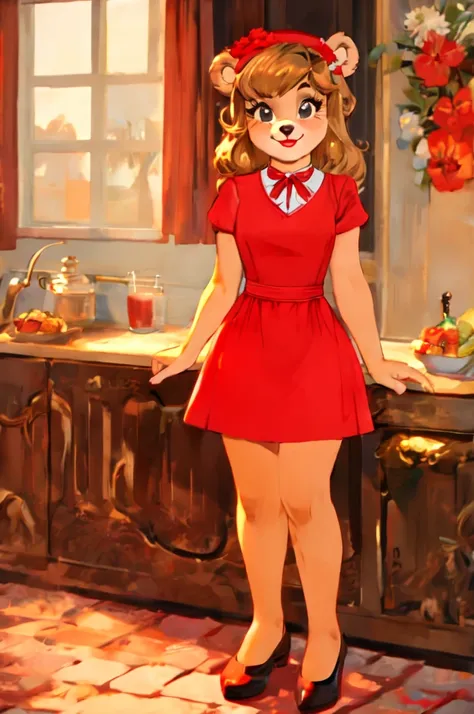 fashionable 60s young lady bear, red_dress, girlfriend, wife, cute pose