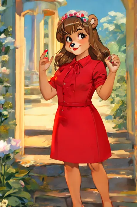 fashionable 60s young lady bear, red_dress, girlfriend, wife, cute pose