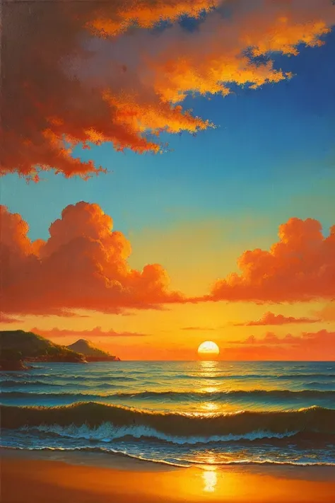 Highest quality、Landscape painting、Seaside、Sunset、orange