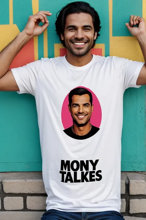 Generate an image, for a t-shirt design with the text "Money Talks Jokes." in multi color. Remember this is not a people image.