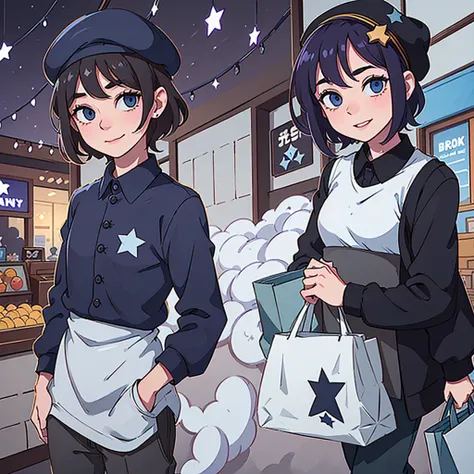 charming man, short black hair, blue eyes, smiling, wearing a dark blue beret with a star on it, dark blue shirt with stars on it, black pants, holding purple shopping bags, mall and clothes in the backround, ultrasharp, 8k, masterpiece, looking at viewer