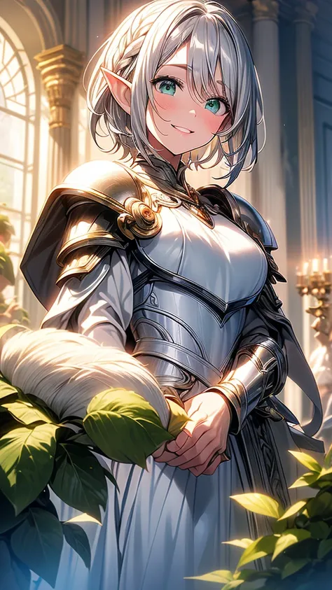 Bust Shot、Masterpiece、high resolution、high quality、32k、(Elf Woman、Blonde、short hair、Green Eyes、Pink lip gloss、Shining silver, noble armor、Metal breastplate、Shoulder rest、tiny hand、White cloak)、Smiling Kindly、Look at me with a favorable eye、Inside the castl...