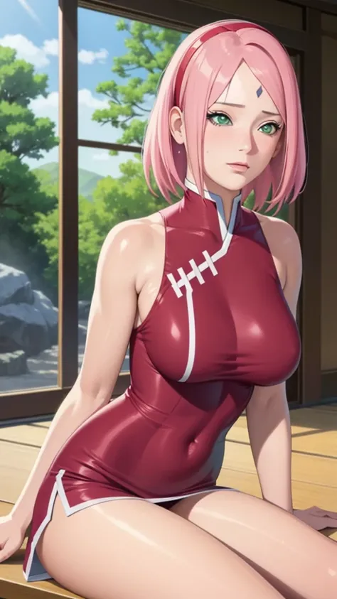 Masterpiece, stunning realistic, best quality,sakura haruno,sitting on a table in a school,hands on table,,closeup,only upperbody,front view ,pink hair,green eyes,forehead mark,big breasts,breasts fall out,green eyes,red hairband,forehead mark