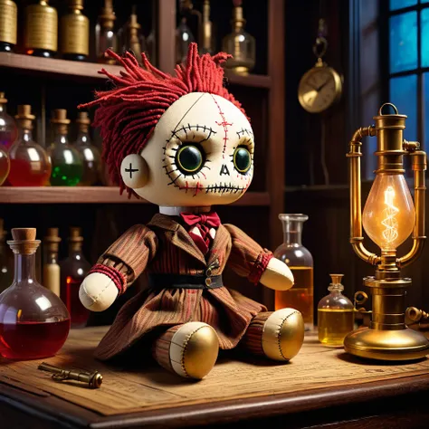 (knitted toy voodoo doll:1.5), (Voodoo Doll in a Victorian Laboratory:1.3), (Clothing: Victorian scientist attire with alchemical patterns:1.0), (Accessories: enchanted potion bottle emitting a vibrant glow, floating laboratory apparatus:1.1), (background:...