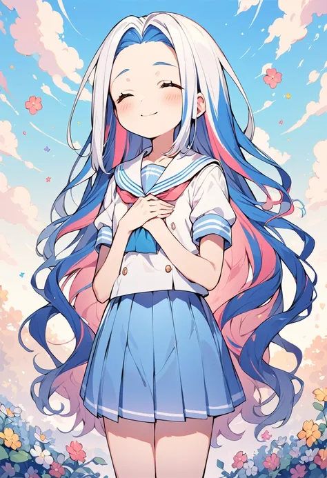 BREAK Perfect Anatomy,(High resolution:1.2),Incredible illustrations(Cute illustrations:1.2)（Beautiful background,blue sky、Colorful flowers）1gial((multicolored hair,wavy long hair)closed eyes,light smile (sailor uniform),(a girl, , height 1.5meters, 40kg),...