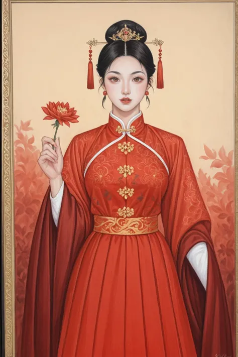 In a captivating scene, a woman stands as a beautiful fantasy queen, wearing a red dress that exudes elegance and power. Her close-up reveals red flowers in her hair, adding a touch of natural beauty to her regal appearance. This portrayal is inspired by t...