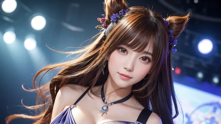 16K, 8k upscale, photorealistic, ultra detailed, best quality, masterpiece, perfect anatomy, lora:yaeSarahMultiverseSoulRays_v2:1,
a stunningly beautiful female announcer with long silky hair, holding a microphone, wearing an elegant dress that hugs her pe...