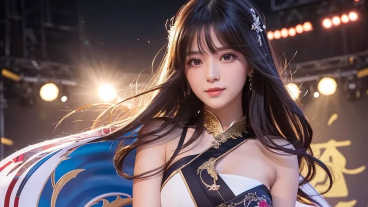 16K, 8k upscale, photorealistic, ultra detailed, best quality, masterpiece, perfect anatomy, lora:yaeSarahMultiverseSoulRays_v2:1,
a stunningly beautiful female announcer with long silky hair, holding a microphone, wearing an elegant dress that hugs her pe...