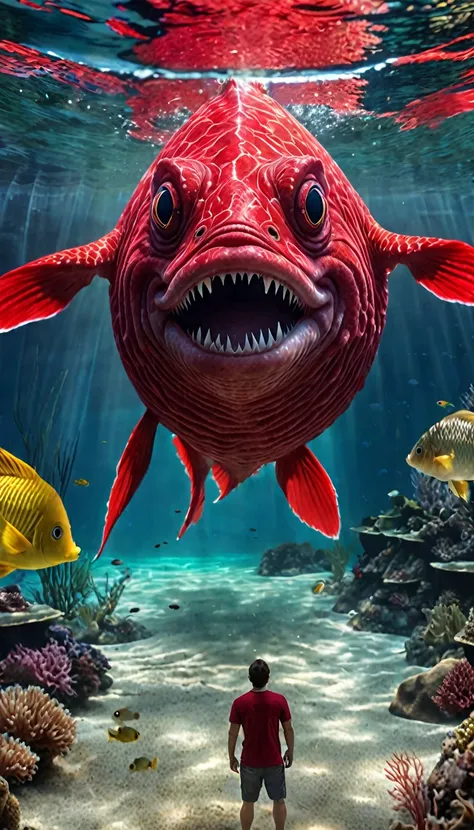 Panorama，A red creature with a human face and a fish body under the water（best quality，4K，8K，High level，masterpiece：1.2），Ultra Detailed，（lifelike，Photo real，Photo real：1.37），Highly detailed animals，Complex patterns，Realistic lighting，Fantasy Creatures