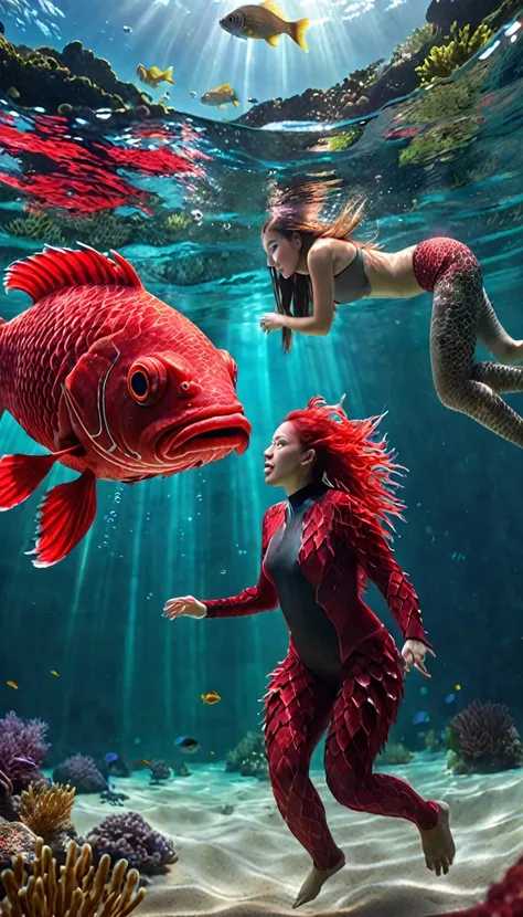 Panorama，A red creature with a human face and a fish body under the water（best quality，4K，8K，High level，masterpiece：1.2），Ultra Detailed，（lifelike，Photo real，Photo real：1.37），Highly detailed animals，Complex patterns，Realistic lighting，Fantasy Creatures