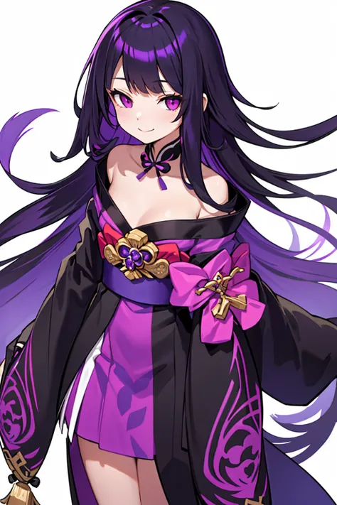 whole body,Standing posture, (Purple Hair,Long straight hair,Trimmed bangs,Hime cut,) (Small breasts,,Symphogia style,), (Cute face:1.2) (kimono,Black clothes,) Cold Smile,(White background) 