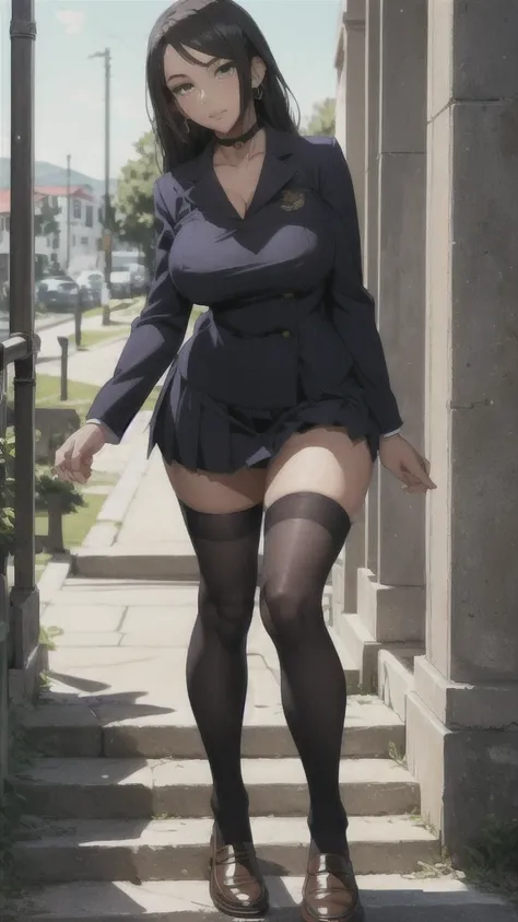 ((Correct Anatomy)),(Detailed image quality),(Female student)、((school uniform))、((Sailor suit))、(Mini Pleated Skirt),(((Black Stockings))),((School Uniform)),((standing)),Ultra-high resolution,Mature Woman, Mature Woman, Very detailed,Sunburned skin,Brown...