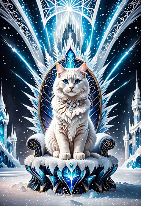 ice palace, amazing architectural forms, sparkles, shimmers, patterned throne, cute fluffy huge ice cat, volume, professional photo, fullhd+