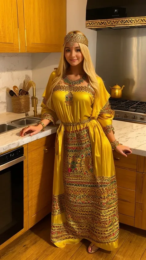 beautifull hot german blonde, robe kabyle, berber, amazigh dress, kabyledress, tizi ouzou, berber outfil, kabylegirl, bijoux, kitchen background, full body, realistic, gold yellow color robe