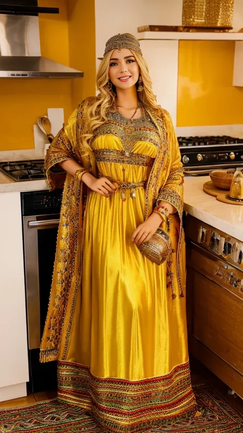 beautifull hot german blonde, robe kabyle, berber, amazigh dress, kabyledress, tizi ouzou, berber outfil, kabylegirl, bijoux, kitchen background, full body, realistic, gold yellow color robe