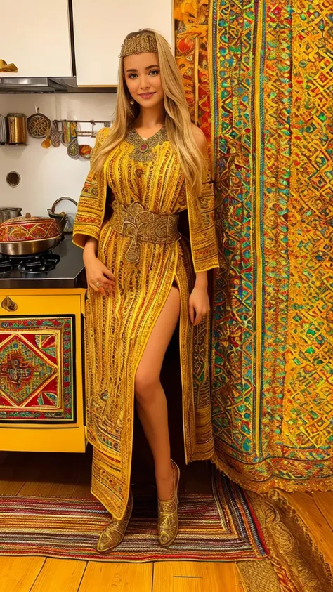 beautifull hot german blonde, robe kabyle, berber, amazigh dress, kabyledress, tizi ouzou, berber outfil, kabylegirl, bijoux, kitchen background, full body, realistic, gold yellow color robe