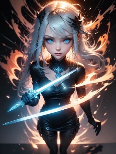 3D impressionist illustration, Masterpiece, Highest quality, low Contrast, A Russian girl in her early 20s with ash grey hair, Fallen Angel, Black Angel, Ultra-near-future weapons, Full body portrait, Uplifting, A brave sword-wielding, Uplifting,  A hell f...