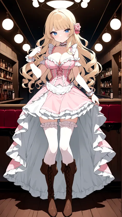 Curls,blonde hair,blue eyes,long eyelashes,long hair,fringe bangs,sidecurls,fullbody,standing,masterpiece,highress,frilly intricate pink saloon girl dress,knee length skirt,white accents,pink corset,lace up heeled knee high boots,stockings,saloon,short at ...