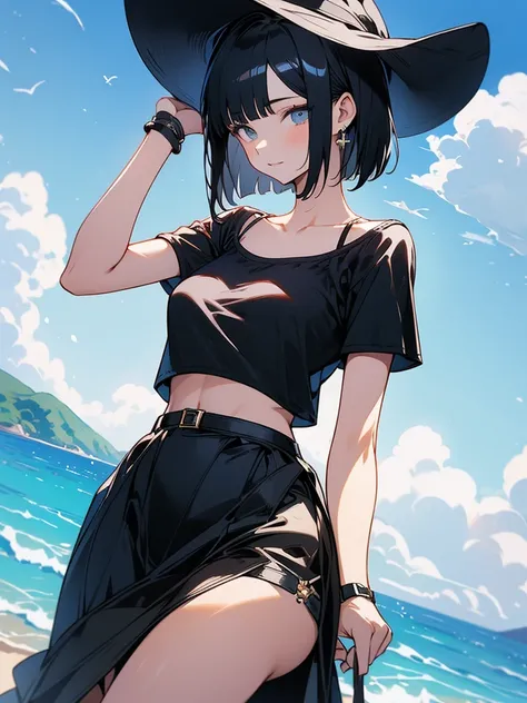 masterpiece, high-quality, a young woman, wearing black camisole, short bob Hair, holding hat behind head with both hands, sunny summer day with the blue sea