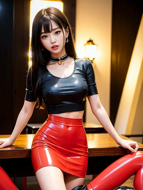 very detailed、masterpiece、top quality、Super high resolution、8K high definition、Photogenic clarity、eye for detail、gradation、perfect anatomy body proportions ,hard disk、nffsw , Nikon Z9 80mm Lens 、table top、((kpop idol girl)) , ((Bright red mini tight latex ...