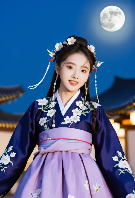 best quality, High target_solve, clearly_image, Detailed background ,girl, Hanbok,flower,flower园,moon, night,Hook of Holland, Wide-angle lens, crown,