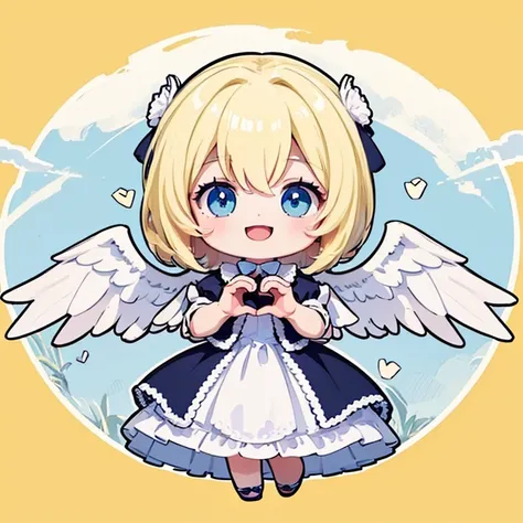 ((Highest quality)), ((masterpiece)), (detailed), Perfect Face, Perfect Arms, anime, Ultra-fine illustration, ((1 person)), ((Chibi Character)), Cute girl, ((Angel)), (Heart Hands, with own hands:1.3), smile, Open your mouth, Blonde, Blue Eyes, Full Body S...