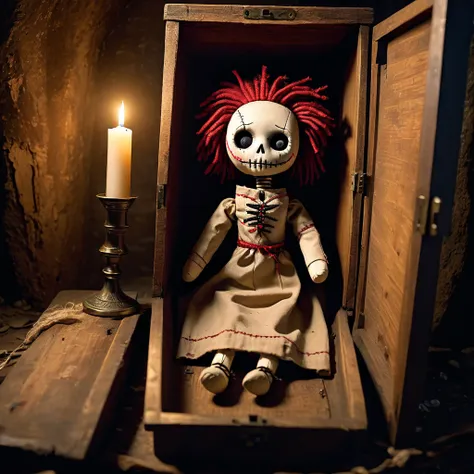 (knitted toy voodoo doll:1.5), (Voodoo Doll in an Abandoned Coffin:1.3), (Clothing: tattered burial shroud with faded patterns:1.0), (Accessories: enchanted candle emitting a flickering light, floating cobwebs:1.1), (background: forgotten coffin in a dusty...