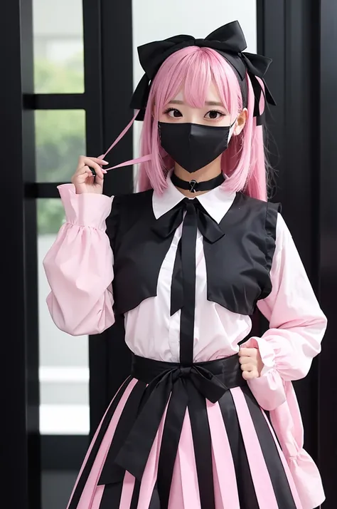 black mask,pink shirt,cosplay, jirai kei, bangs, black skirt, black bow, looking at viewer, bow, long sleeves, choker, ribbon,pink lips